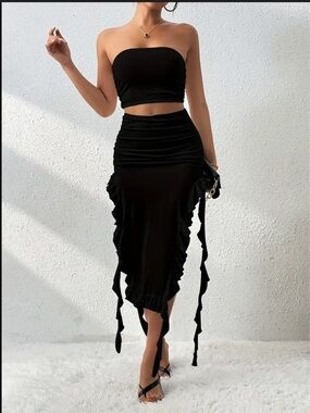 NEW 2 Piece Black Ruched Skirt Set